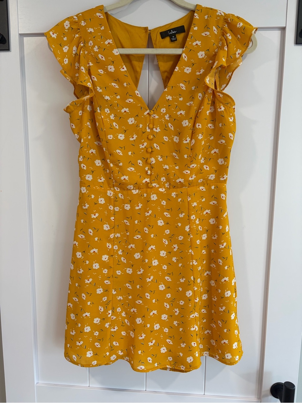 Lulu's Yellow Floral V-Neck Ruffle Sleeve Dress M